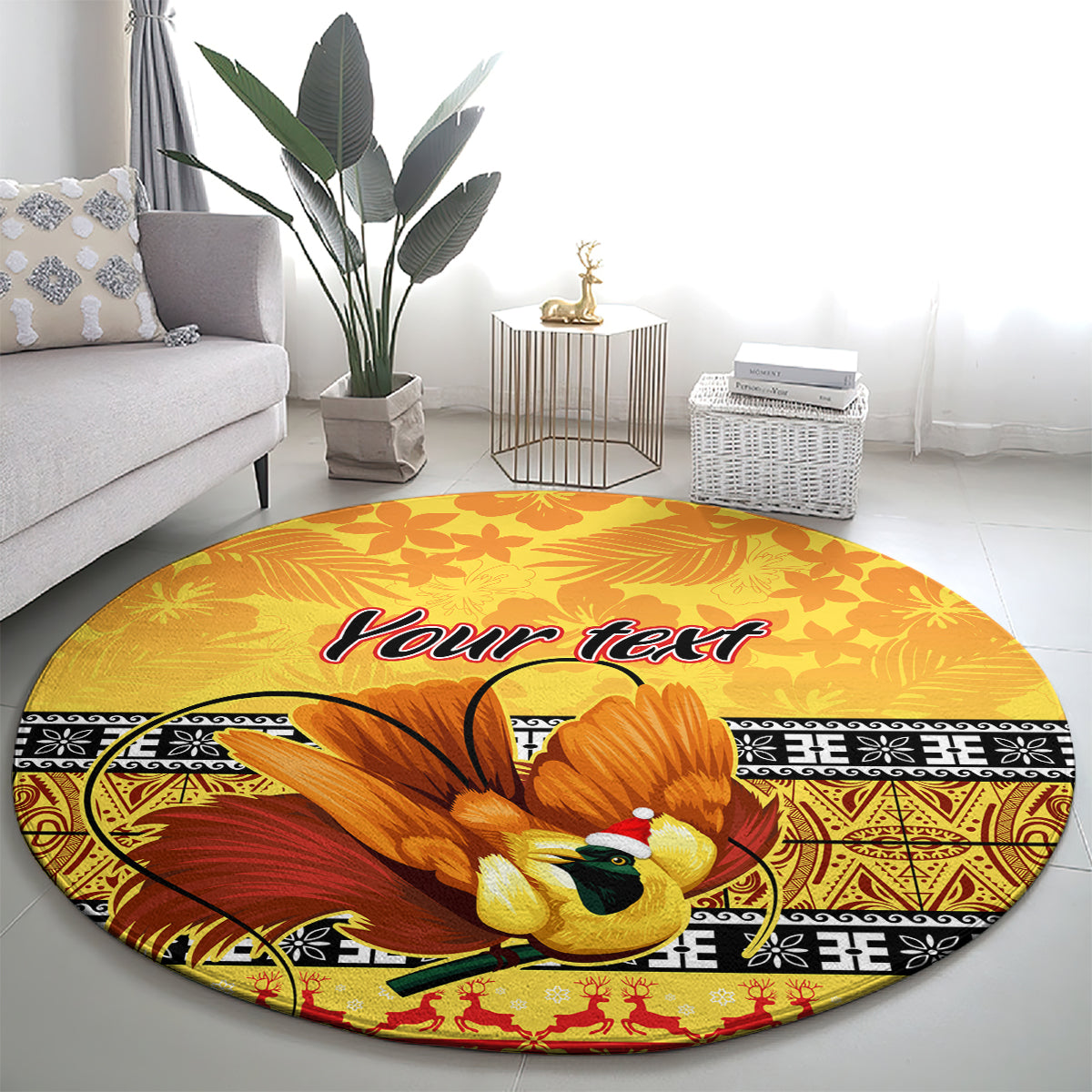 personalised-png-hamamas-krismas-round-carpet-papua-new-guinea-bird-of-paradise-merry-christmas-gold-style