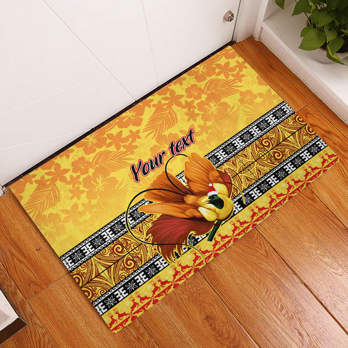 Personalised PNG Hamamas Krismas Rubber Doormat Papua New Guinea Bird Of Paradise Merry Christmas Gold Style - Wonder Print Shop