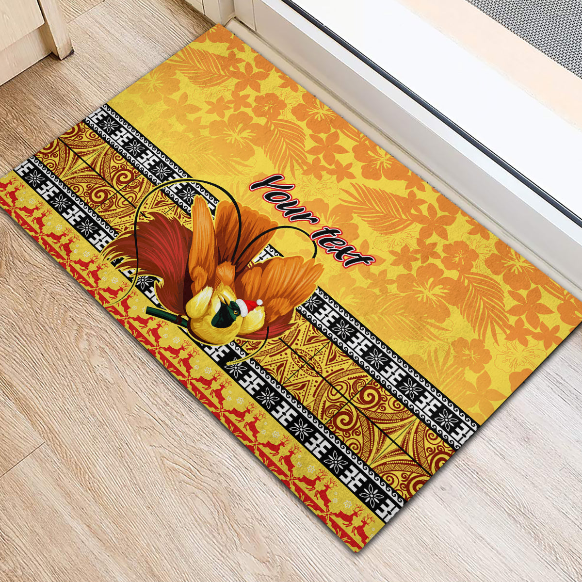 Personalised PNG Hamamas Krismas Rubber Doormat Papua New Guinea Bird Of Paradise Merry Christmas Gold Style - Wonder Print Shop