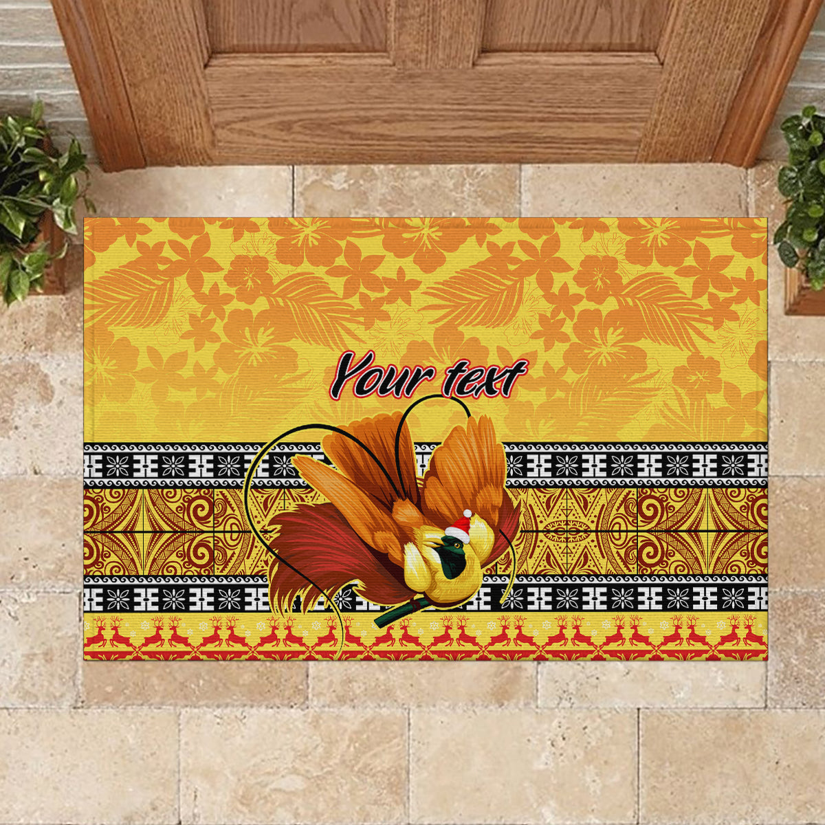 Personalised PNG Hamamas Krismas Rubber Doormat Papua New Guinea Bird Of Paradise Merry Christmas Gold Style - Wonder Print Shop