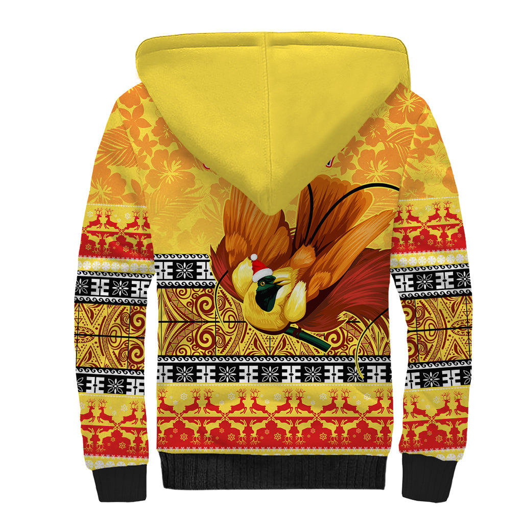 Personalised PNG Hamamas Krismas Sherpa Hoodie Papua New Guinea Bird Of Paradise Merry Christmas Gold Style - Wonder Print Shop