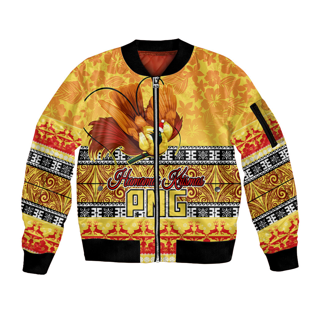 Personalised PNG Hamamas Krismas Sleeve Zip Bomber Jacket Papua New Guinea Bird Of Paradise Merry Christmas Gold Style - Wonder Print Shop