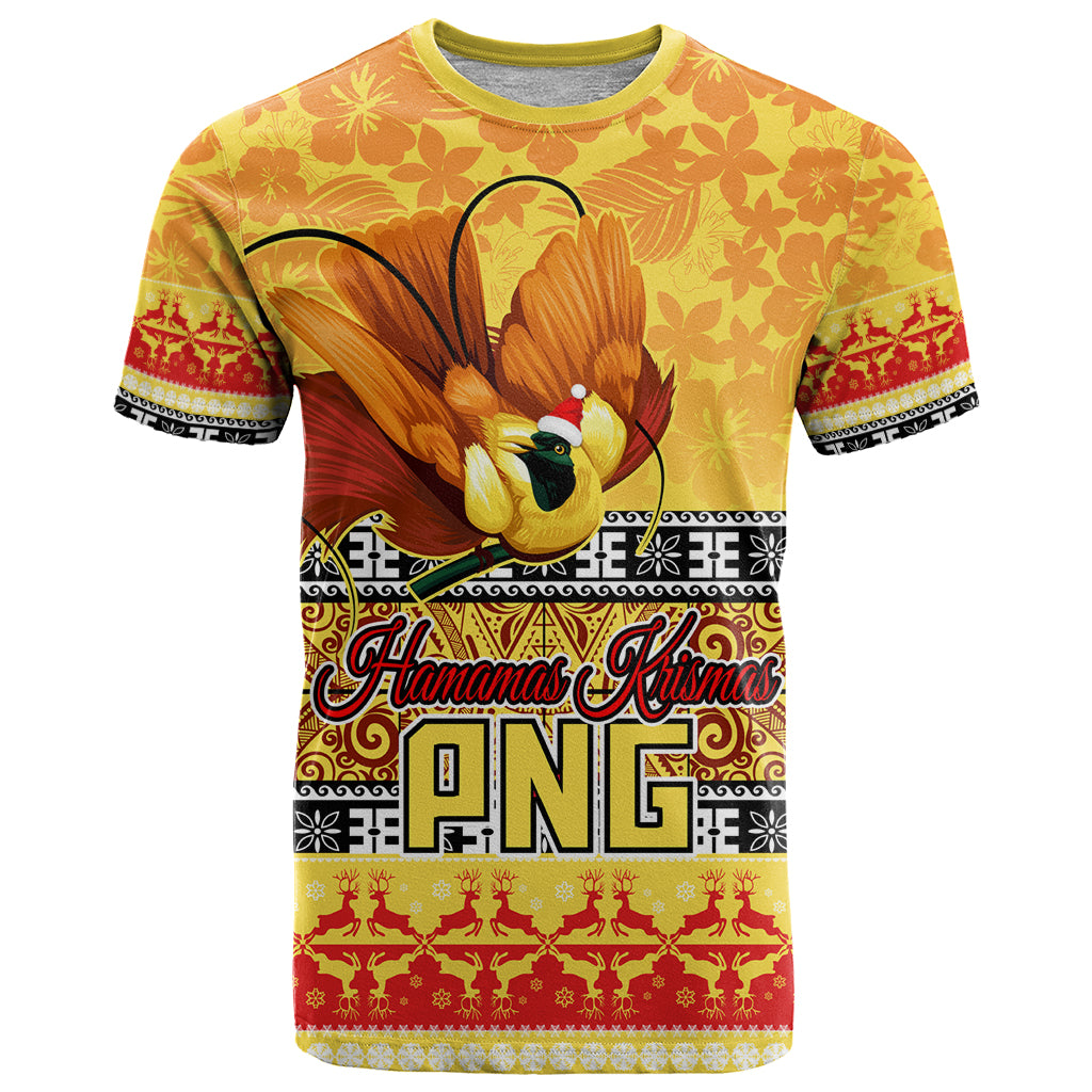 Personalised PNG Hamamas Krismas T Shirt Papua New Guinea Bird Of Paradise Merry Christmas Gold Style - Wonder Print Shop