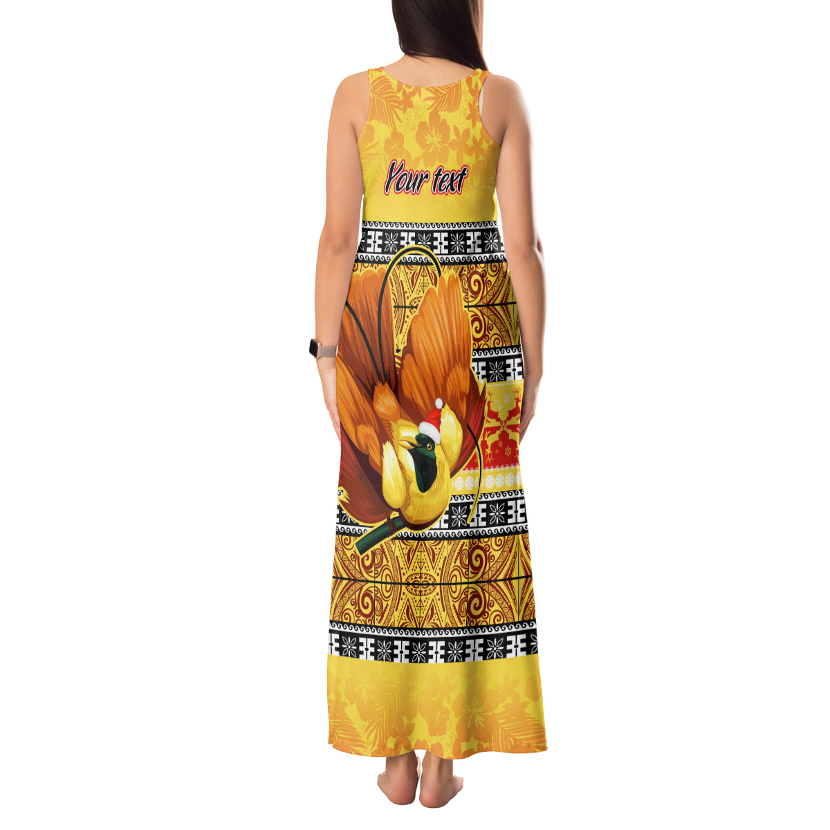 Personalised PNG Hamamas Krismas Tank Maxi Dress Papua New Guinea Bird Of Paradise Merry Christmas Gold Style - Wonder Print Shop