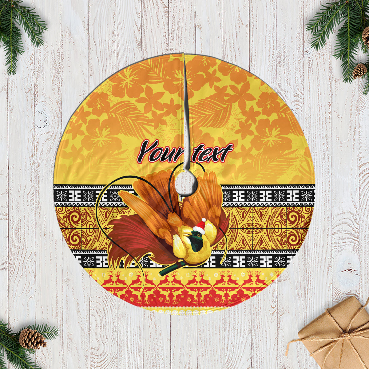 personalised-png-hamamas-krismas-tree-skirt-papua-new-guinea-bird-of-paradise-merry-christmas-gold-style