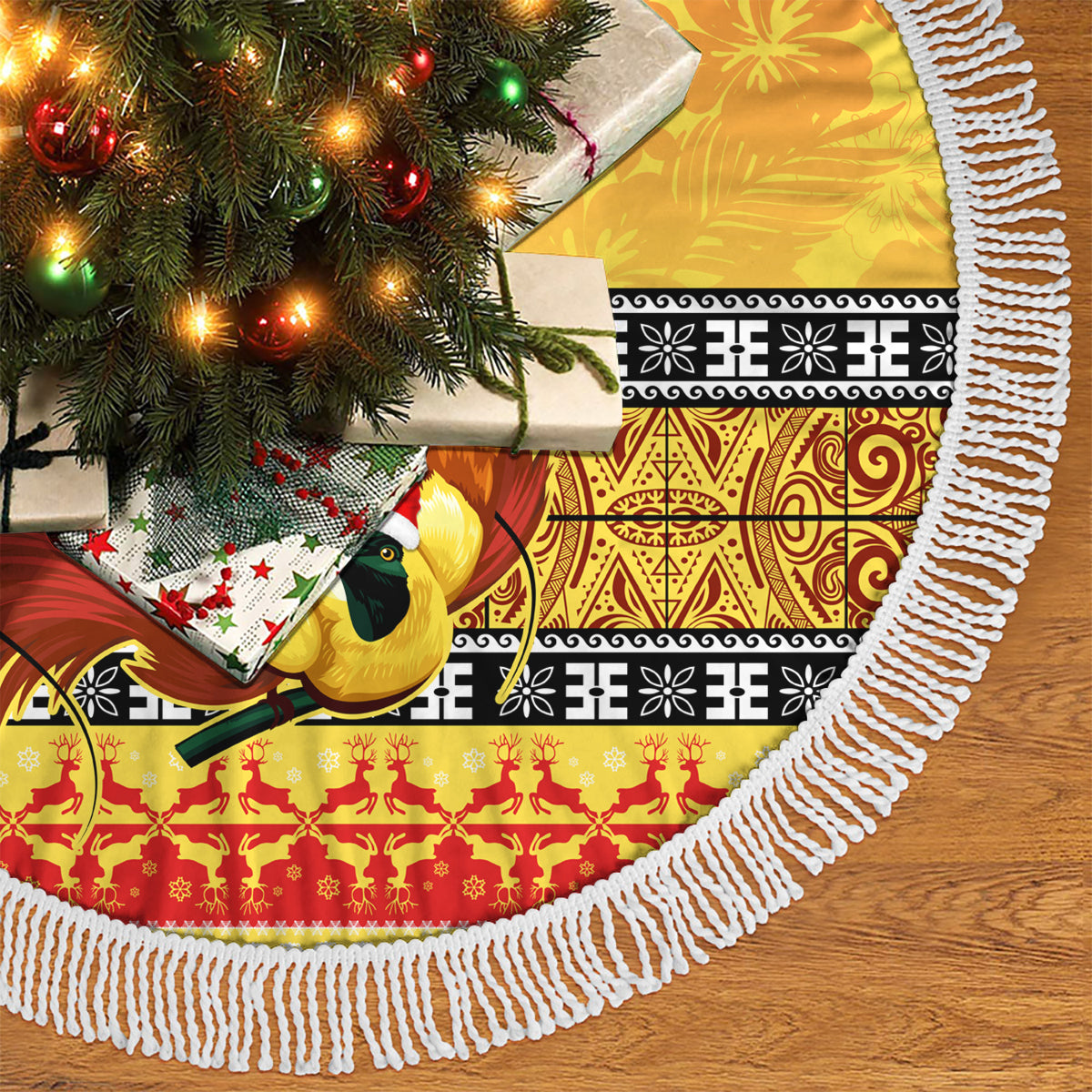 Personalised PNG Hamamas Krismas Tree Skirt Papua New Guinea Bird Of Paradise Merry Christmas Gold Style - Wonder Print Shop