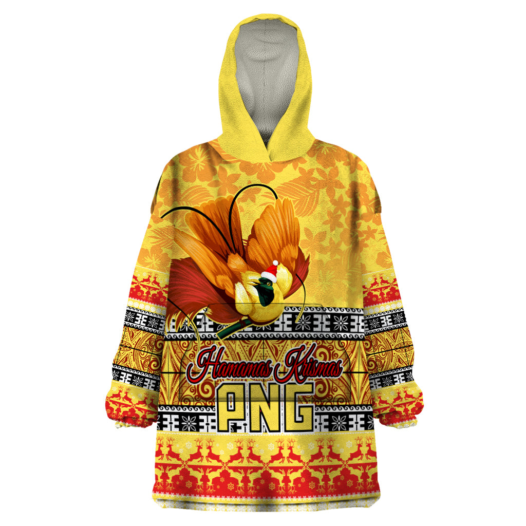 Personalised PNG Hamamas Krismas Wearable Blanket Hoodie Papua New Guinea Bird Of Paradise Merry Christmas Gold Style - Wonder Print Shop