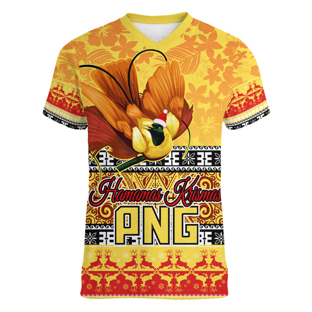 Personalised PNG Hamamas Krismas Women V Neck T Shirt Papua New Guinea Bird Of Paradise Merry Christmas Gold Style - Wonder Print Shop