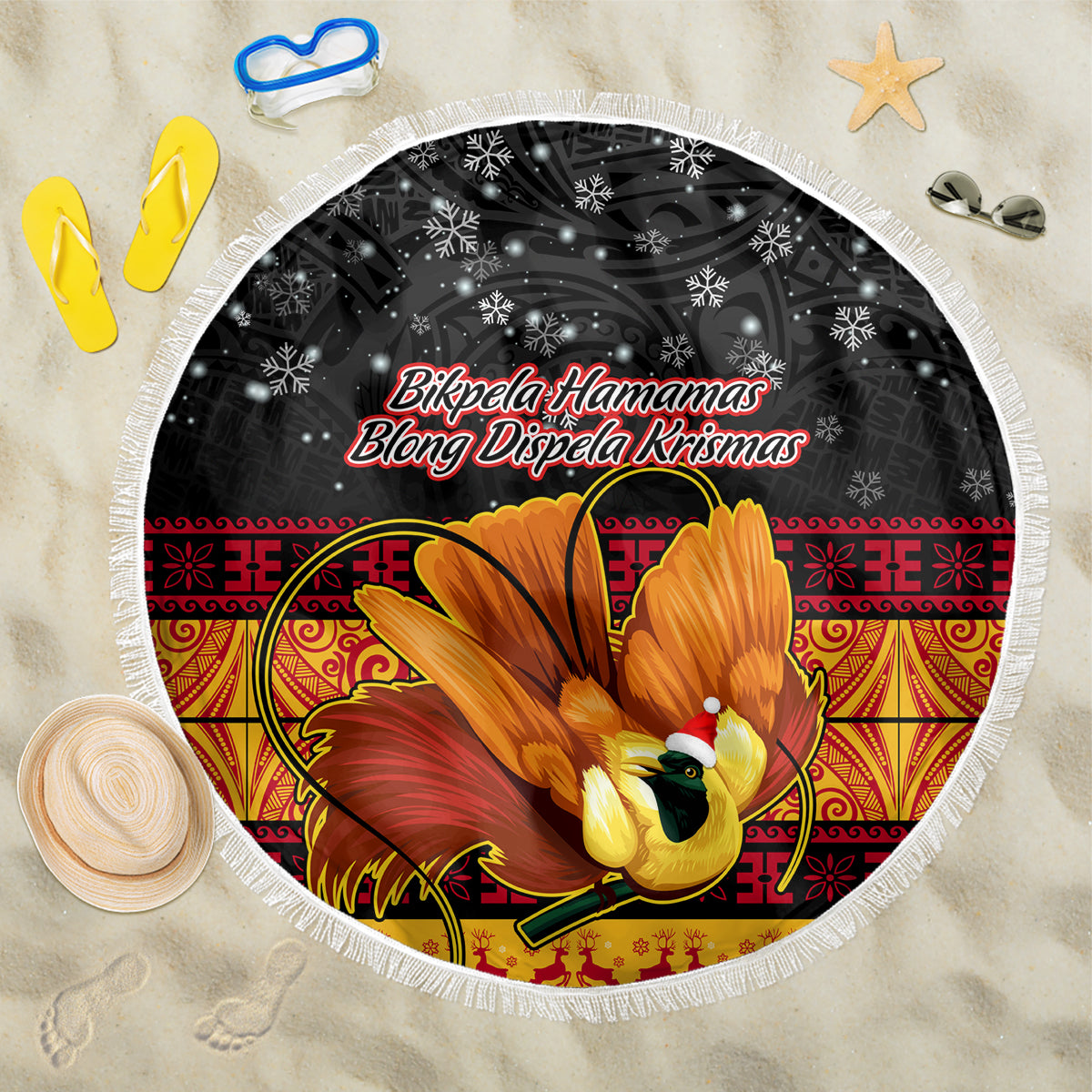 PNG Hamamas Krismas Beach Blanket Papua New Guinea Bird Of Paradise Merry Christmas Black Style LT9 - Wonder Print Shop