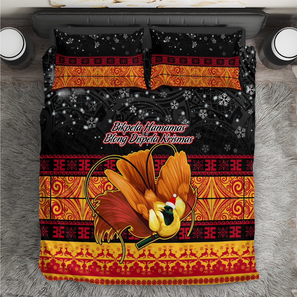PNG Hamamas Krismas Bedding Set Papua New Guinea Bird Of Paradise Merry Christmas Black Style LT9 - Wonder Print Shop