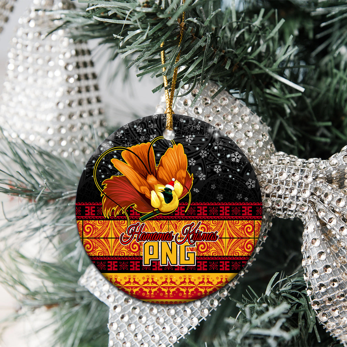 PNG Hamamas Krismas Ceramic Ornament Papua New Guinea Bird Of Paradise Merry Christmas Black Style LT9 - Wonder Print Shop