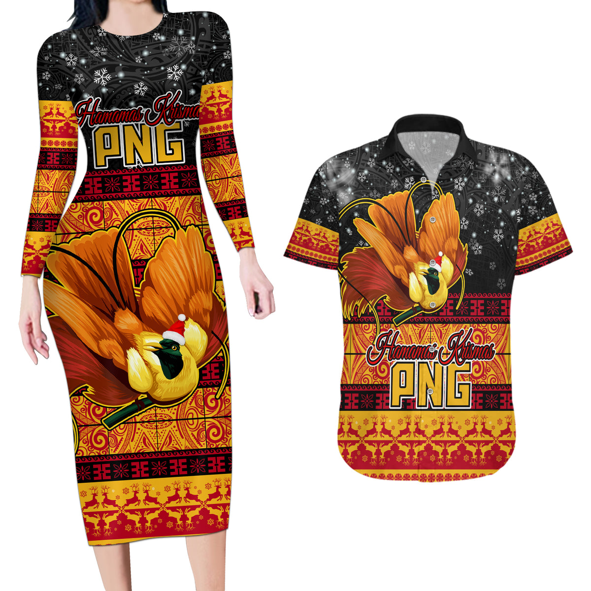 PNG Hamamas Krismas Couples Matching Long Sleeve Bodycon Dress and Hawaiian Shirt Papua New Guinea Bird Of Paradise Merry Christmas Black Style LT9 - Wonder Print Shop