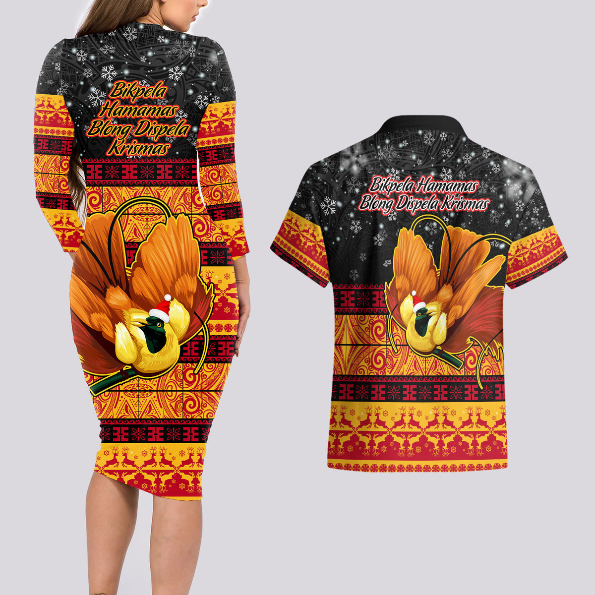PNG Hamamas Krismas Couples Matching Long Sleeve Bodycon Dress and Hawaiian Shirt Papua New Guinea Bird Of Paradise Merry Christmas Black Style LT9 - Wonder Print Shop