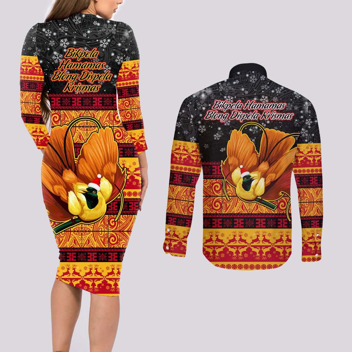 PNG Hamamas Krismas Couples Matching Long Sleeve Bodycon Dress and Long Sleeve Button Shirt Papua New Guinea Bird Of Paradise Merry Christmas Black Style LT9 - Wonder Print Shop