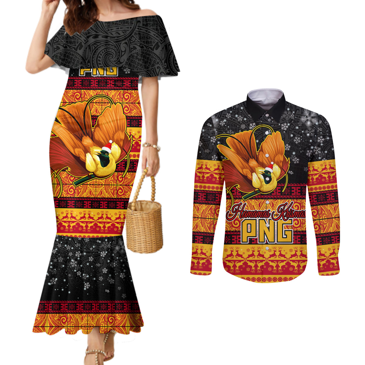 png-hamamas-krismas-couples-matching-mermaid-dress-and-long-sleeve-button-shirt-papua-new-guinea-bird-of-paradise-merry-christmas-black-style
