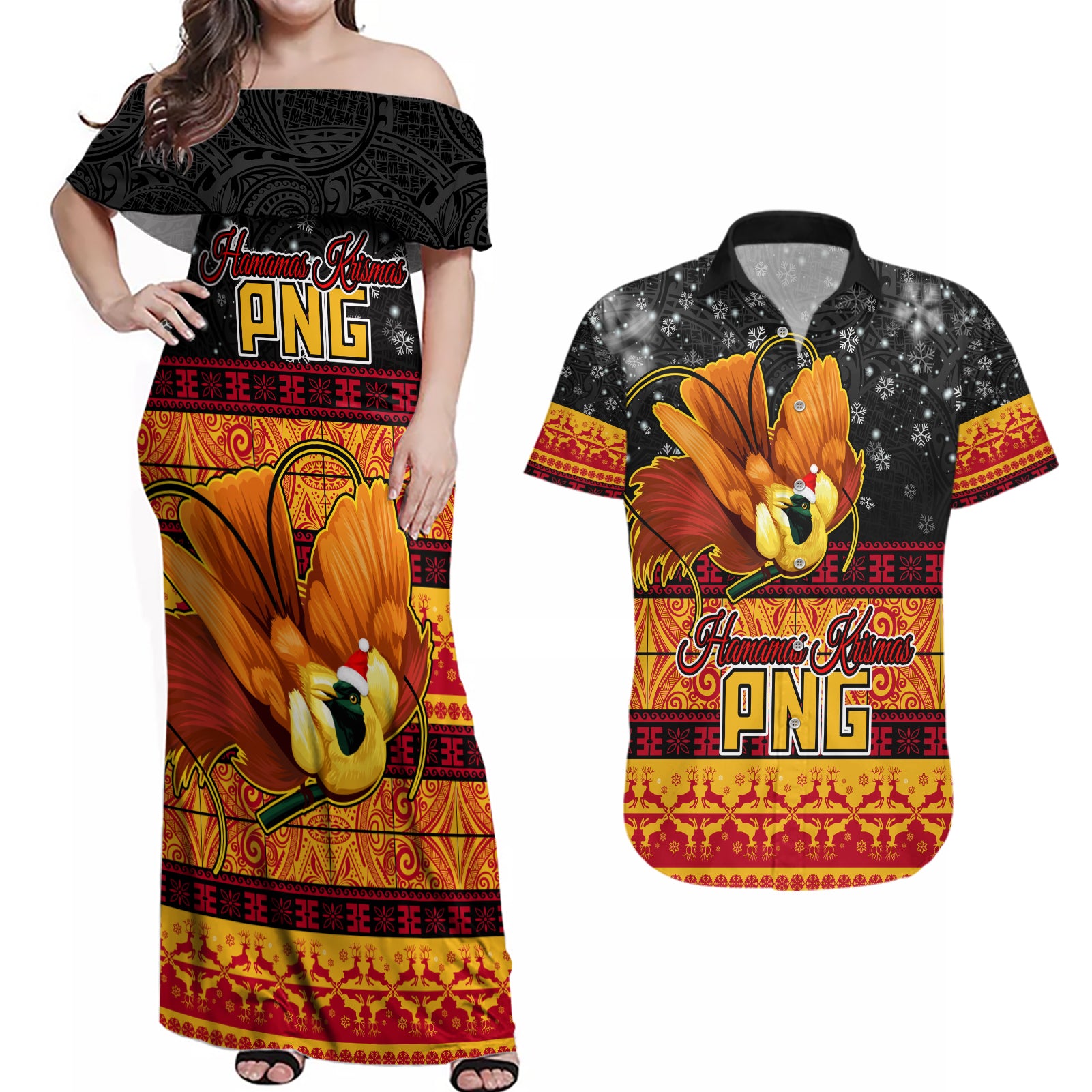 PNG Hamamas Krismas Couples Matching Off Shoulder Maxi Dress and Hawaiian Shirt Papua New Guinea Bird Of Paradise Merry Christmas Black Style LT9 - Wonder Print Shop