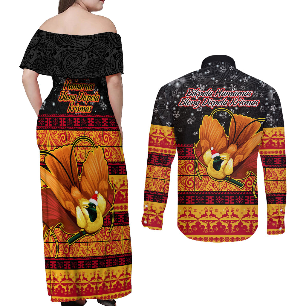 PNG Hamamas Krismas Couples Matching Off Shoulder Maxi Dress and Long Sleeve Button Shirt Papua New Guinea Bird Of Paradise Merry Christmas Black Style LT9 - Wonder Print Shop