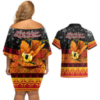 PNG Hamamas Krismas Couples Matching Off Shoulder Short Dress and Hawaiian Shirt Papua New Guinea Bird Of Paradise Merry Christmas Black Style LT9 - Wonder Print Shop
