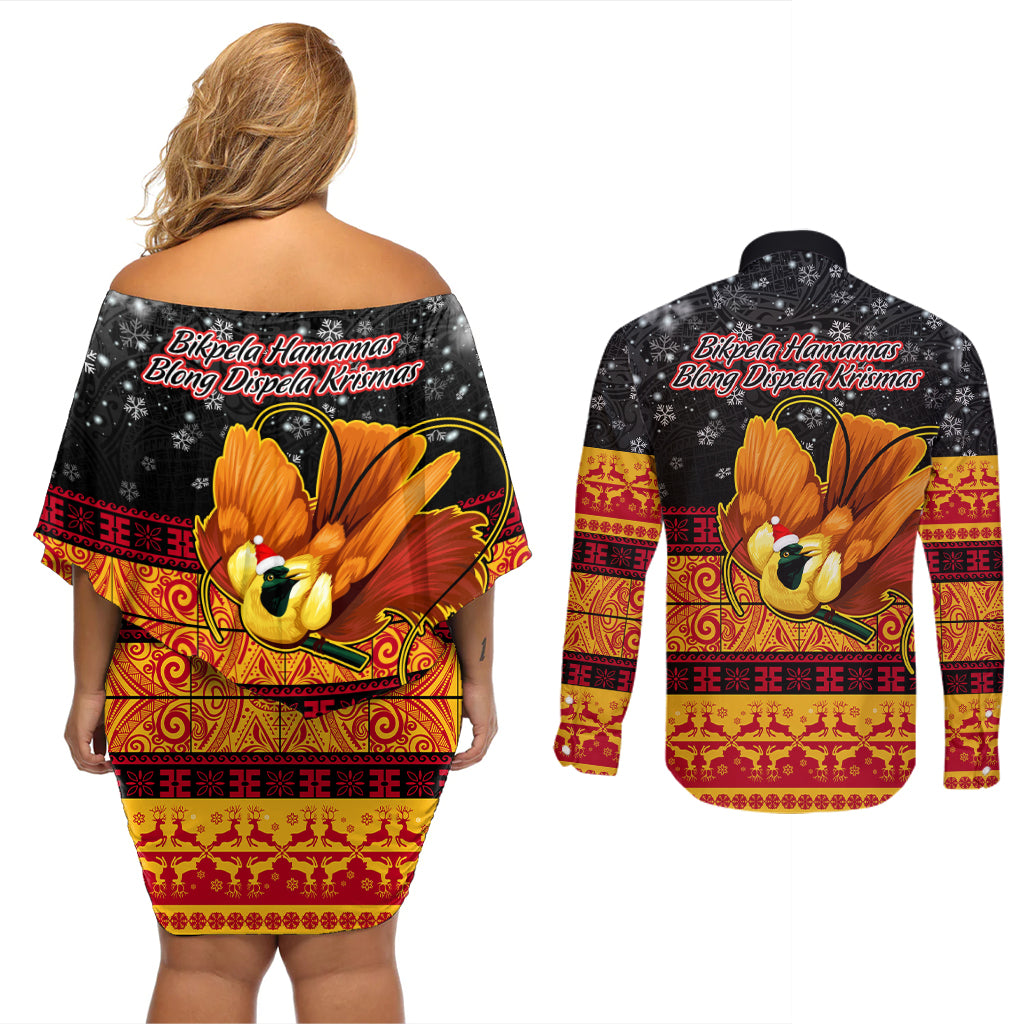 PNG Hamamas Krismas Couples Matching Off Shoulder Short Dress and Long Sleeve Button Shirt Papua New Guinea Bird Of Paradise Merry Christmas Black Style LT9 - Wonder Print Shop