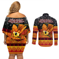 PNG Hamamas Krismas Couples Matching Off Shoulder Short Dress and Long Sleeve Button Shirt Papua New Guinea Bird Of Paradise Merry Christmas Black Style LT9 - Wonder Print Shop