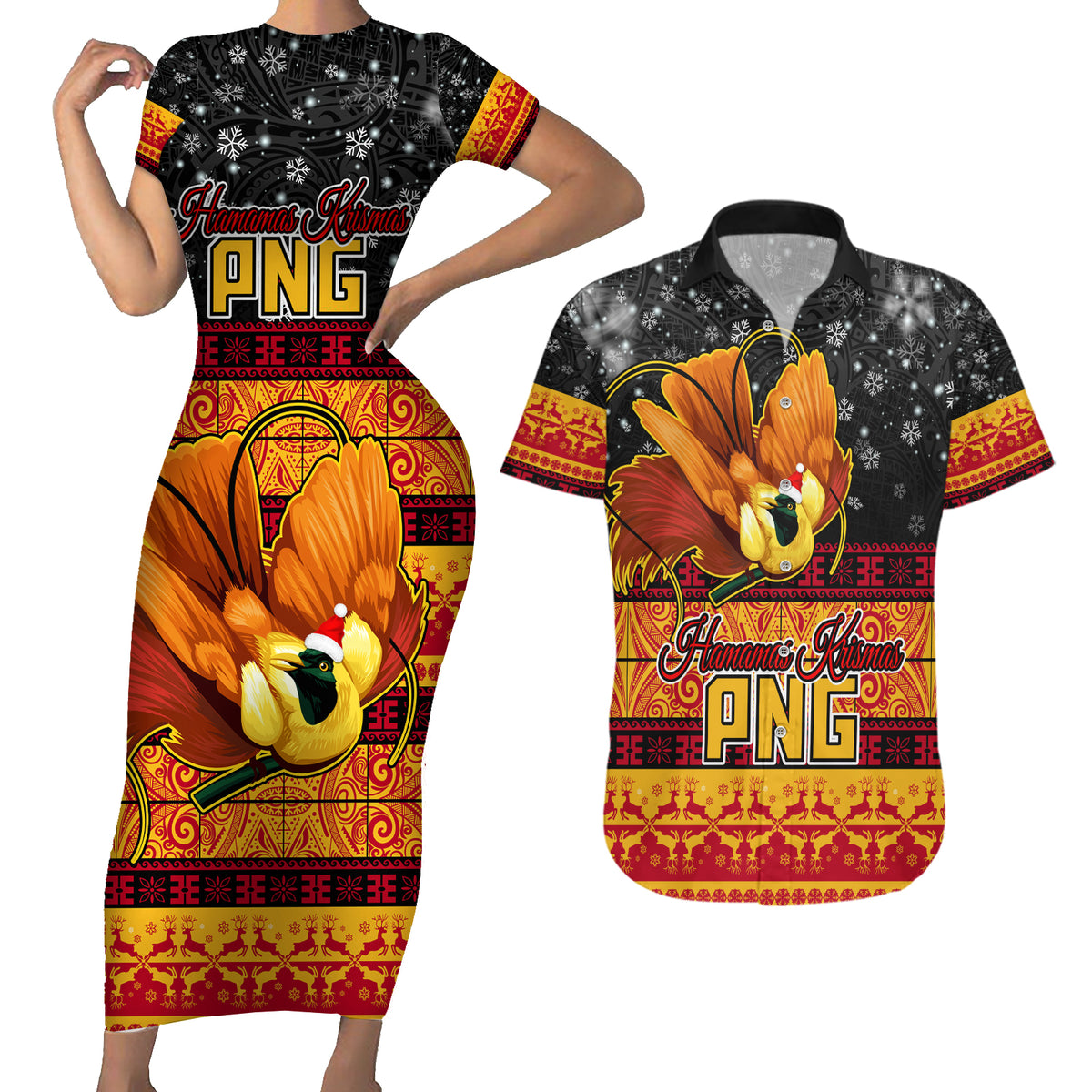 PNG Hamamas Krismas Couples Matching Short Sleeve Bodycon Dress and Hawaiian Shirt Papua New Guinea Bird Of Paradise Merry Christmas Black Style LT9 - Wonder Print Shop