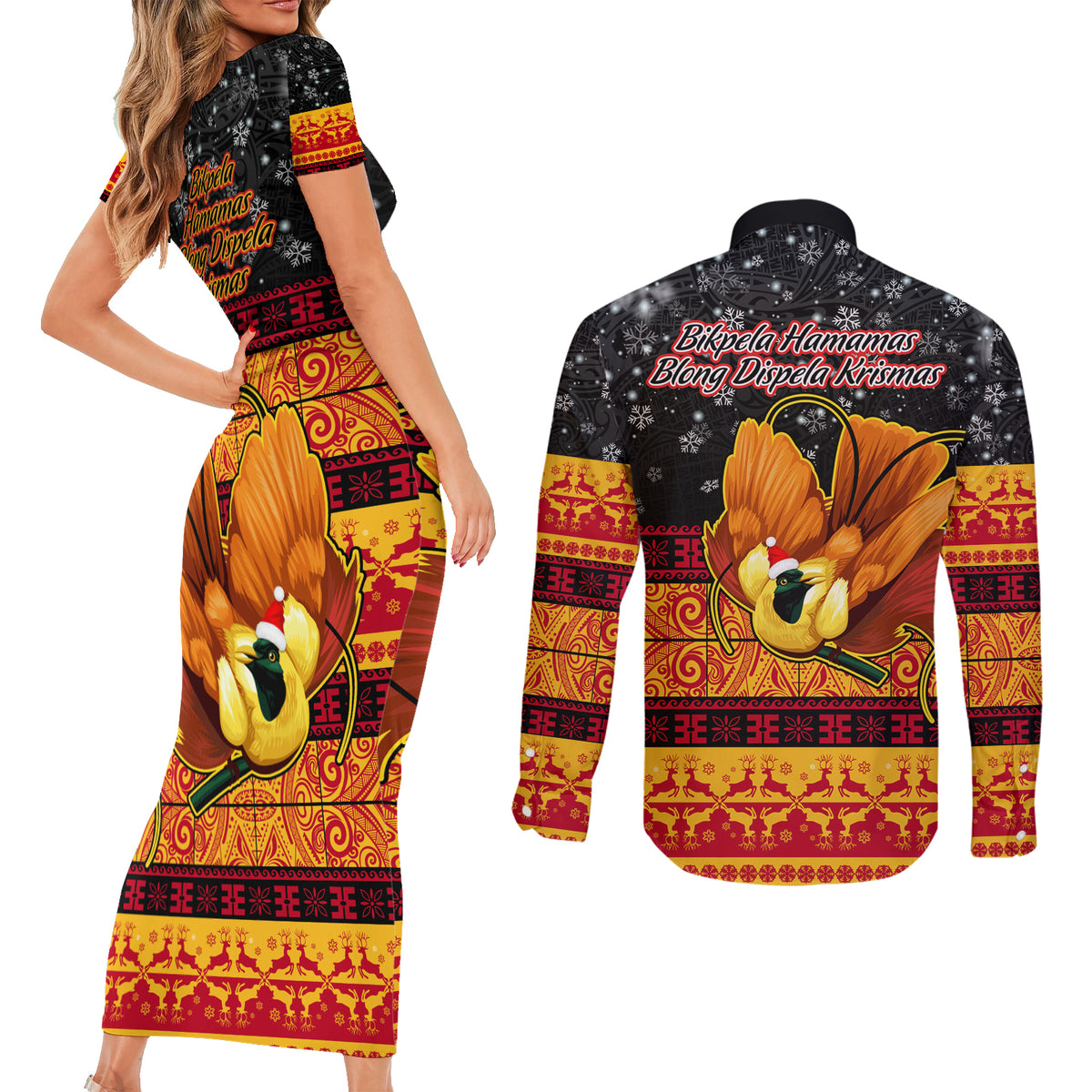 PNG Hamamas Krismas Couples Matching Short Sleeve Bodycon Dress and Long Sleeve Button Shirt Papua New Guinea Bird Of Paradise Merry Christmas Black Style LT9 - Wonder Print Shop