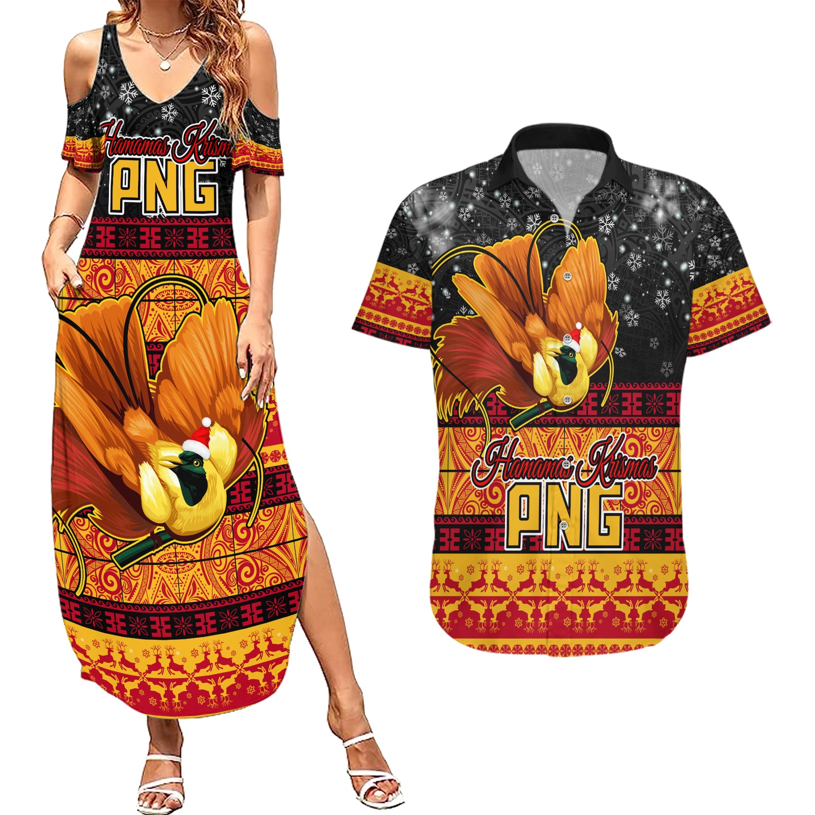PNG Hamamas Krismas Couples Matching Summer Maxi Dress and Hawaiian Shirt Papua New Guinea Bird Of Paradise Merry Christmas Black Style LT9 - Wonder Print Shop
