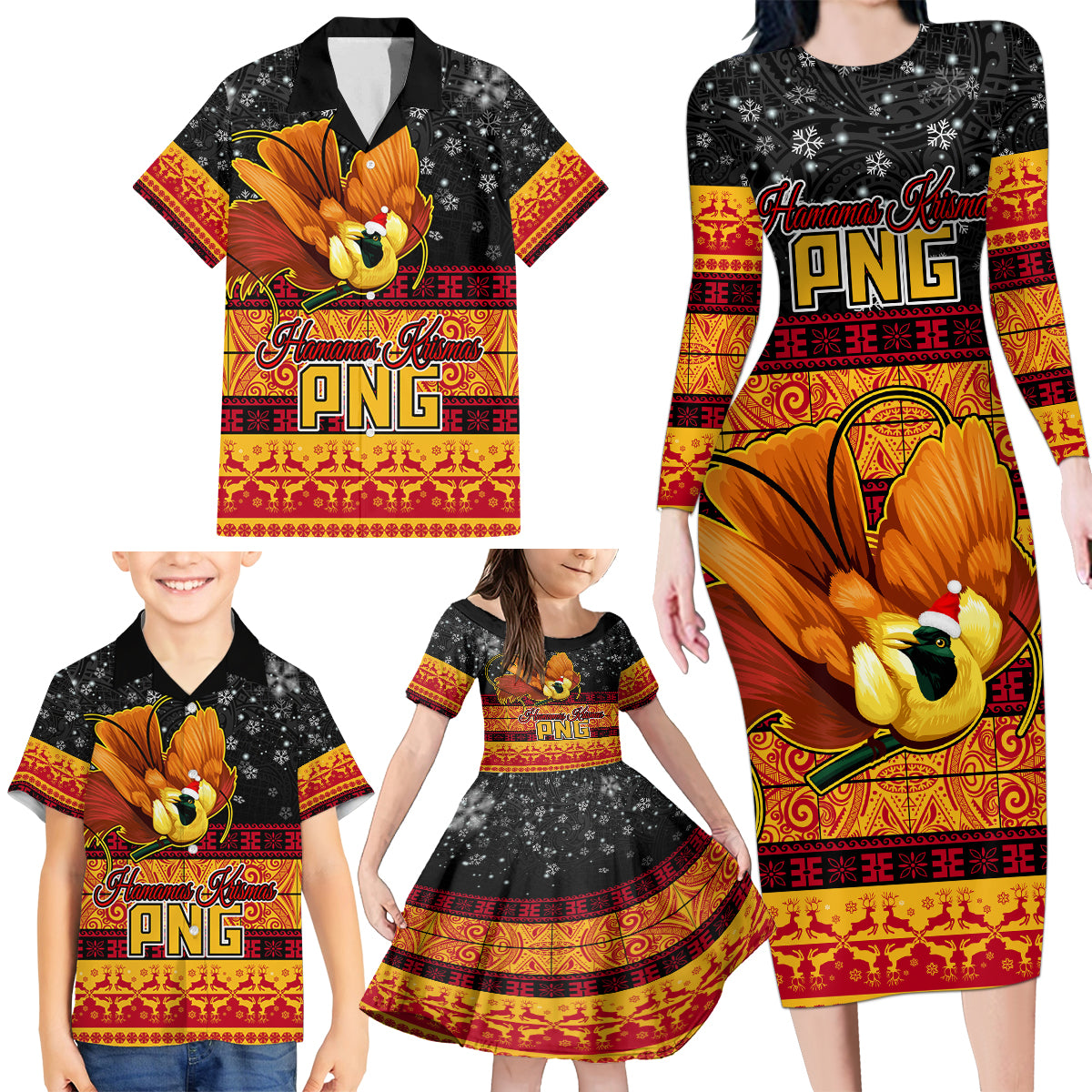 PNG Hamamas Krismas Family Matching Long Sleeve Bodycon Dress and Hawaiian Shirt Papua New Guinea Bird Of Paradise Merry Christmas Black Style LT9 - Wonder Print Shop