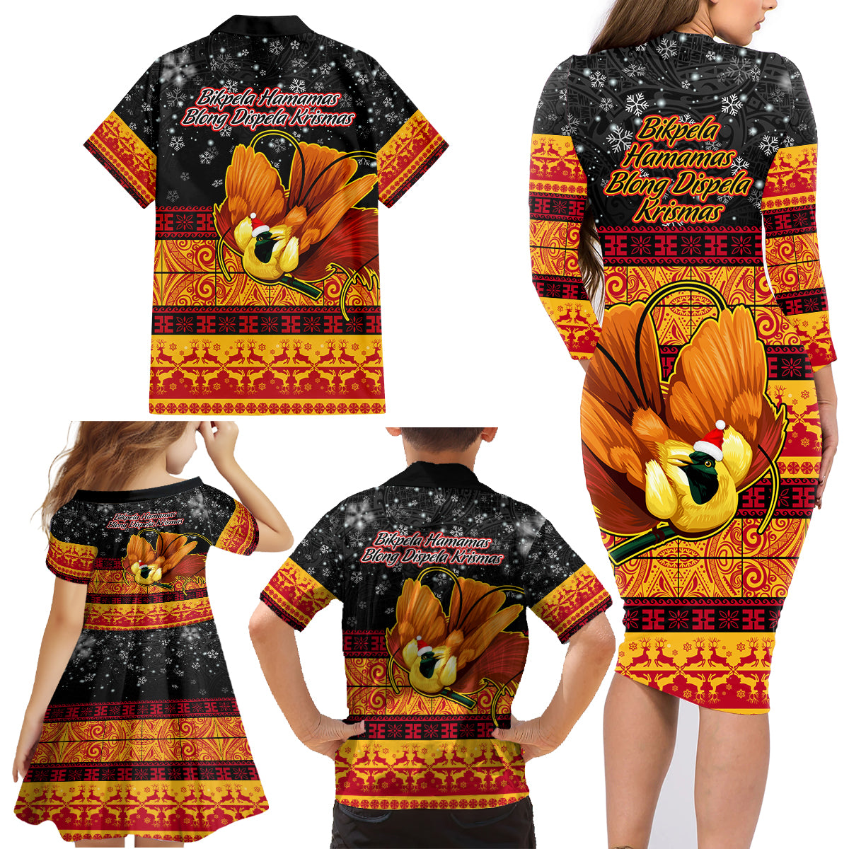 PNG Hamamas Krismas Family Matching Long Sleeve Bodycon Dress and Hawaiian Shirt Papua New Guinea Bird Of Paradise Merry Christmas Black Style LT9 - Wonder Print Shop