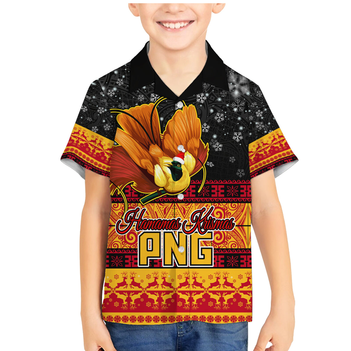 PNG Hamamas Krismas Family Matching Mermaid Dress and Hawaiian Shirt Papua New Guinea Bird Of Paradise Merry Christmas Black Style LT9 - Wonder Print Shop