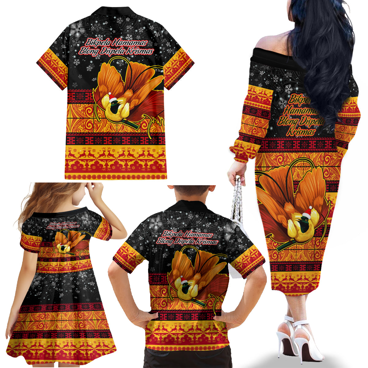 PNG Hamamas Krismas Family Matching Off Shoulder Long Sleeve Dress and Hawaiian Shirt Papua New Guinea Bird Of Paradise Merry Christmas Black Style - Wonder Print Shop