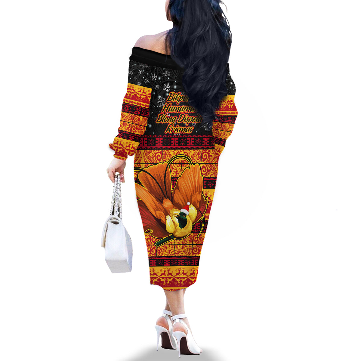 PNG Hamamas Krismas Family Matching Off Shoulder Long Sleeve Dress and Hawaiian Shirt Papua New Guinea Bird Of Paradise Merry Christmas Black Style - Wonder Print Shop