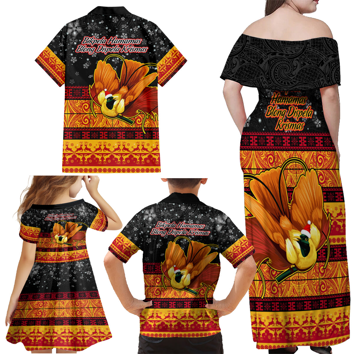 PNG Hamamas Krismas Family Matching Off Shoulder Maxi Dress and Hawaiian Shirt Papua New Guinea Bird Of Paradise Merry Christmas Black Style LT9 - Wonder Print Shop