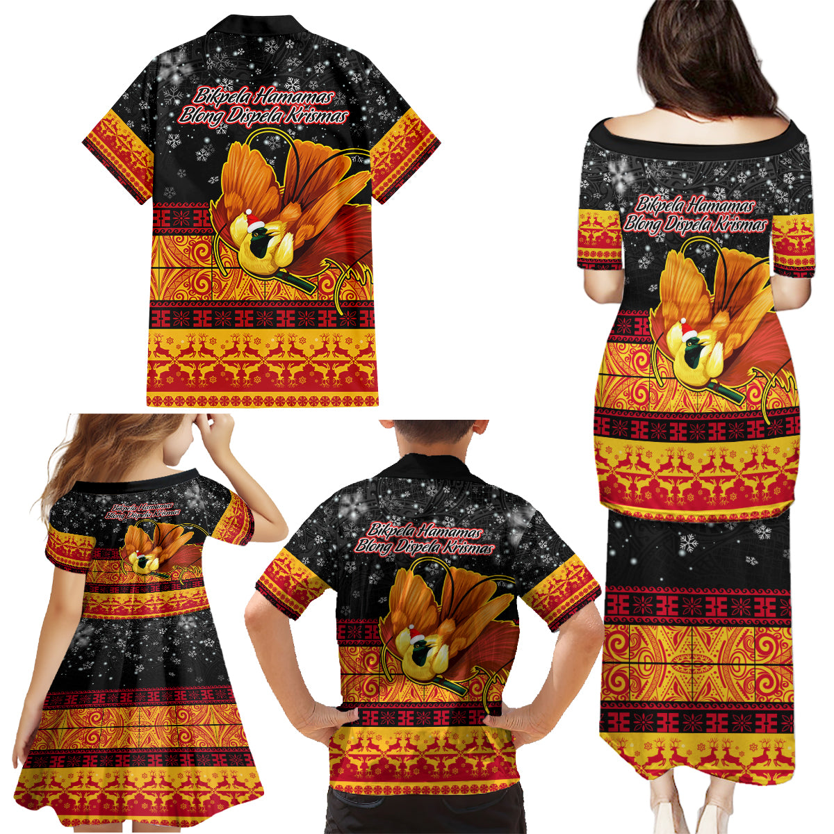PNG Hamamas Krismas Family Matching Puletasi Dress and Hawaiian Shirt Papua New Guinea Bird Of Paradise Merry Christmas Black Style - Wonder Print Shop