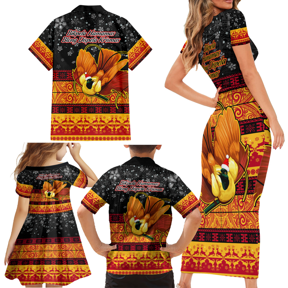 PNG Hamamas Krismas Family Matching Short Sleeve Bodycon Dress and Hawaiian Shirt Papua New Guinea Bird Of Paradise Merry Christmas Black Style - Wonder Print Shop