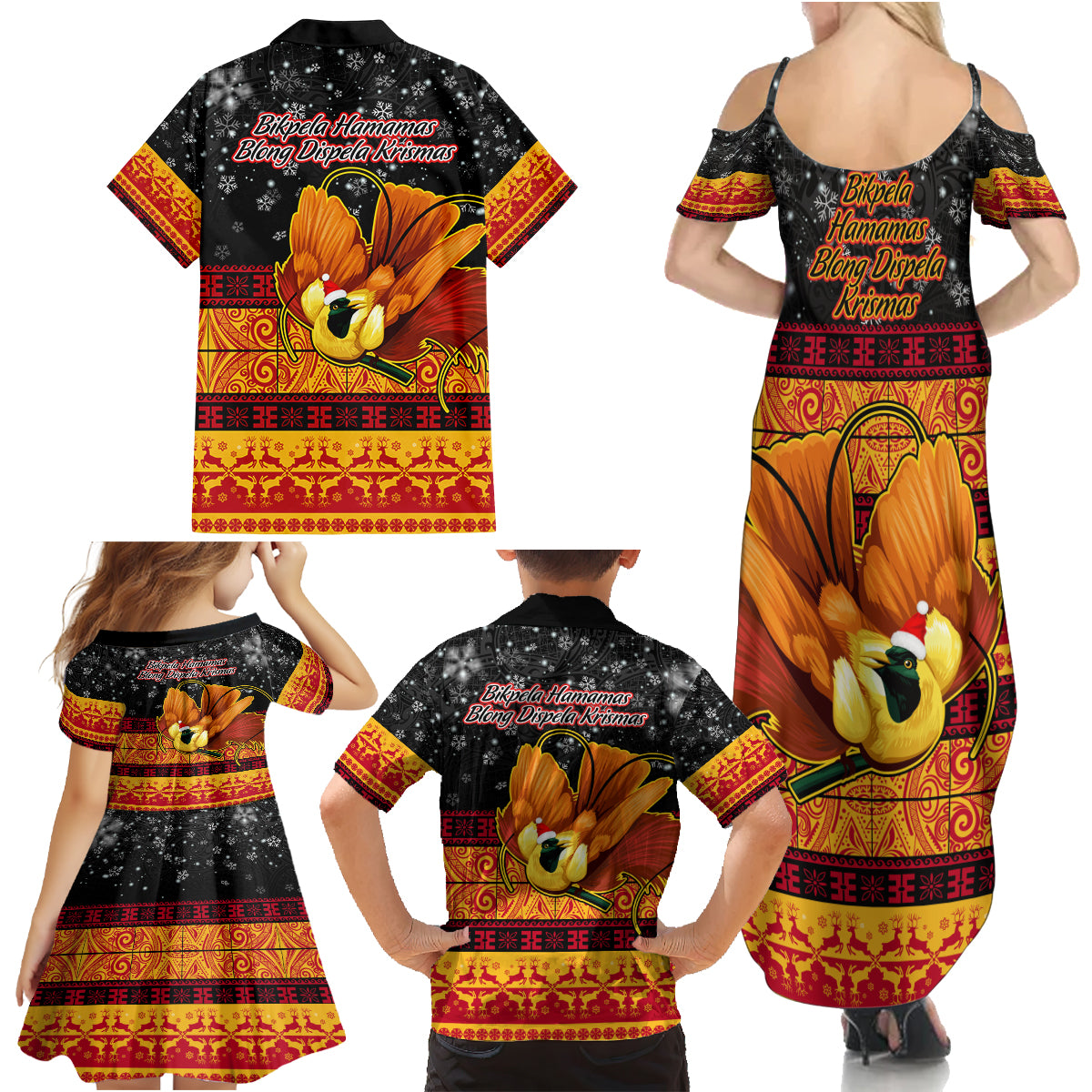 PNG Hamamas Krismas Family Matching Summer Maxi Dress and Hawaiian Shirt Papua New Guinea Bird Of Paradise Merry Christmas Black Style - Wonder Print Shop