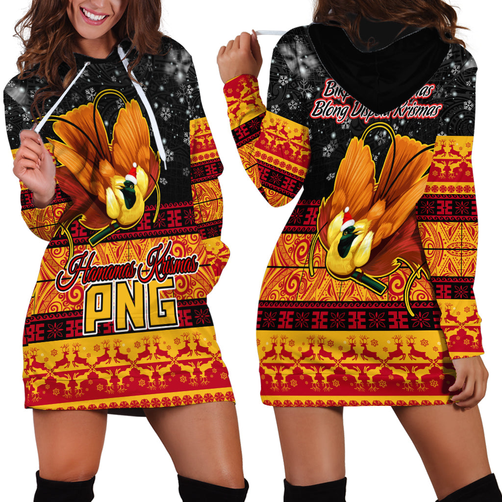 PNG Hamamas Krismas Hoodie Dress Papua New Guinea Bird Of Paradise Merry Christmas Black Style - Wonder Print Shop