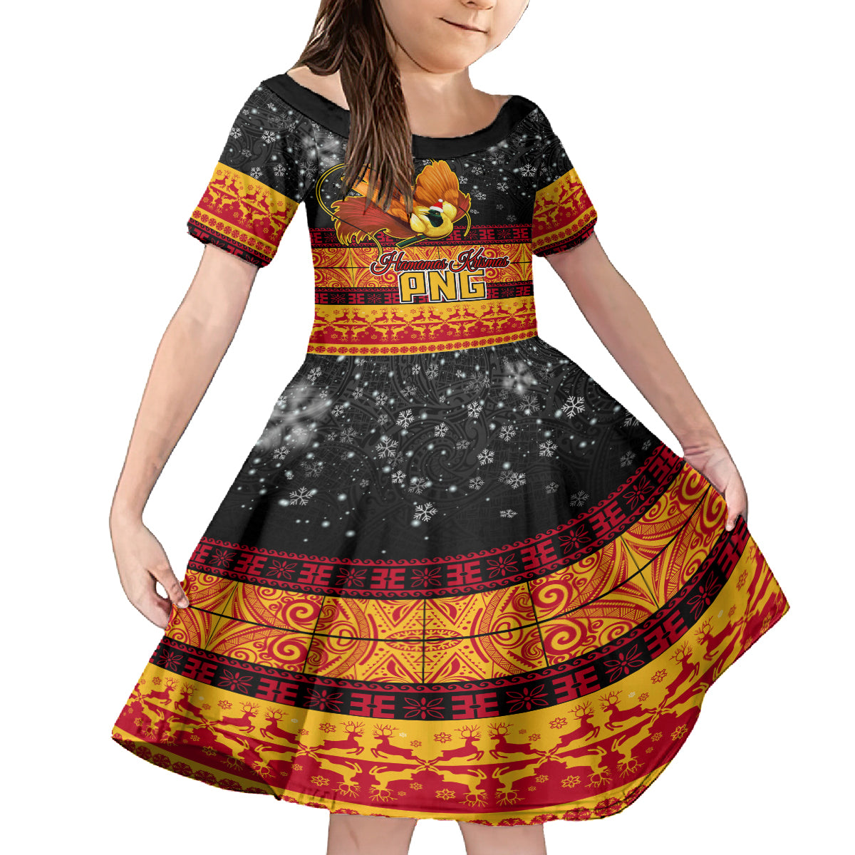 PNG Hamamas Krismas Kid Short Sleeve Dress Papua New Guinea Bird Of Paradise Merry Christmas Black Style - Wonder Print Shop