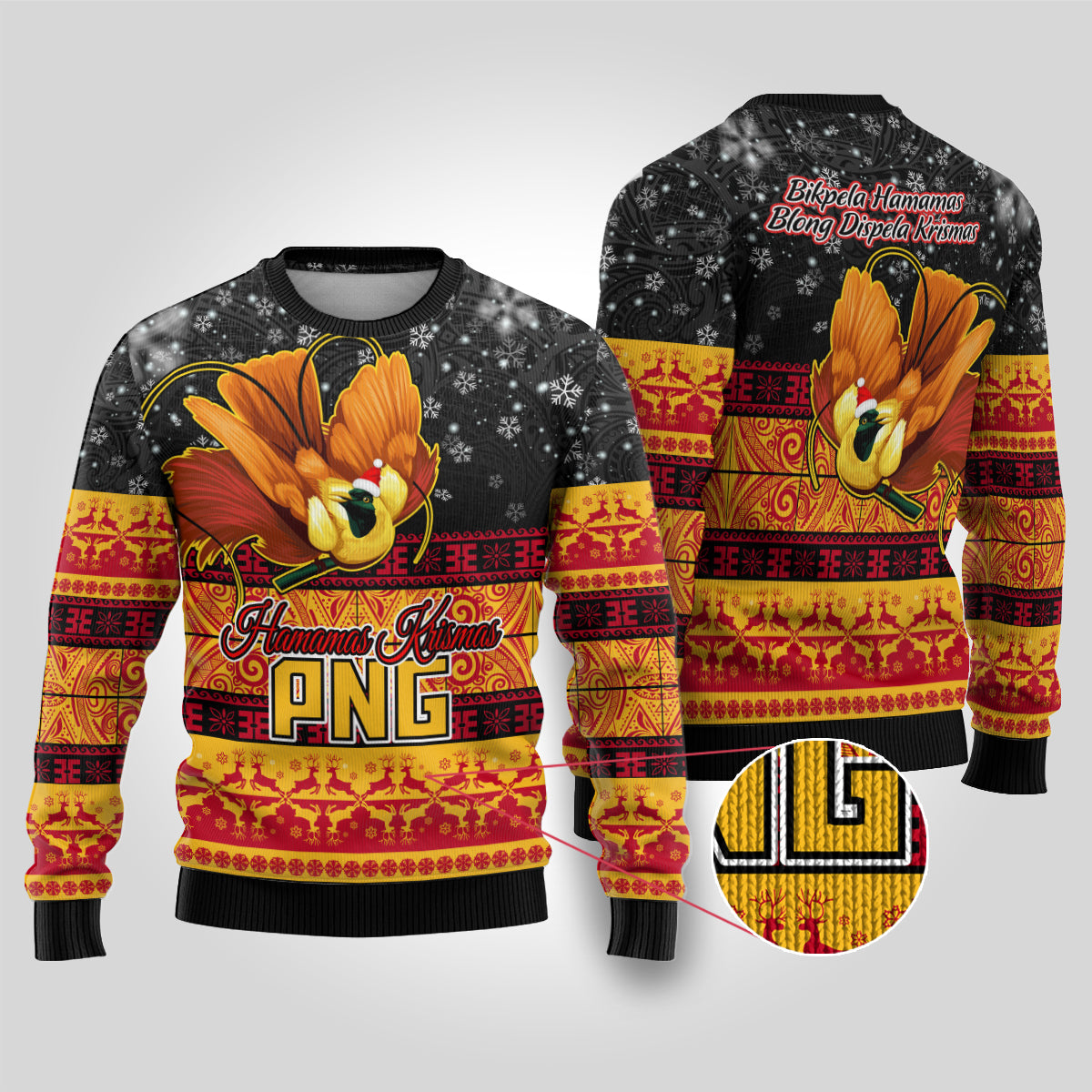 PNG Hamamas Krismas Ugly Christmas Sweater Papua New Guinea Bird Of Paradise Merry Christmas Black Style - Wonder Print Shop