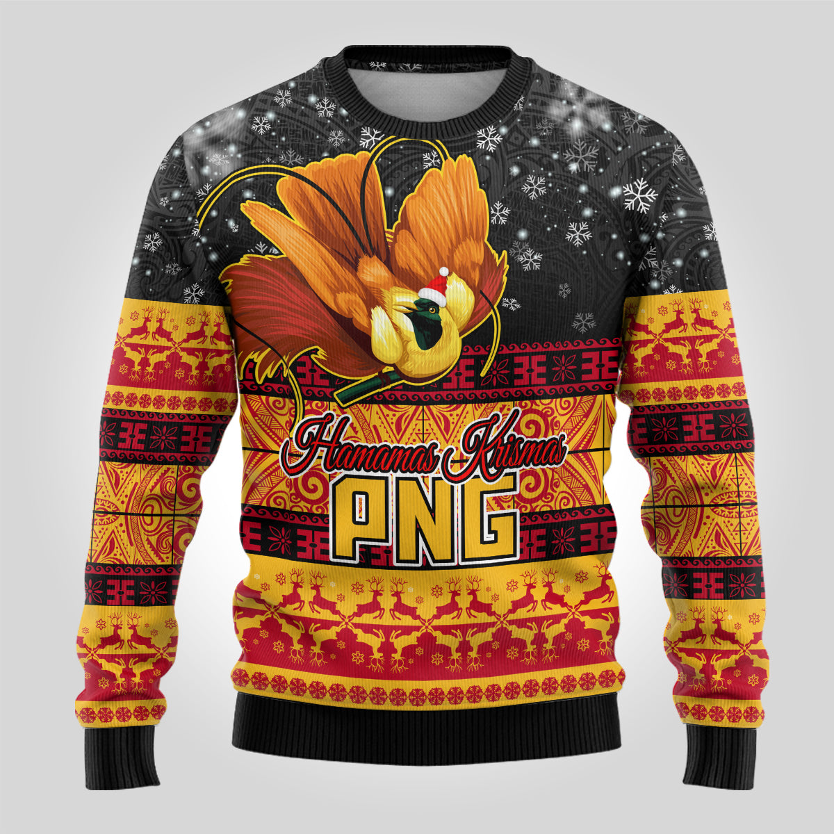 PNG Hamamas Krismas Ugly Christmas Sweater Papua New Guinea Bird Of Paradise Merry Christmas Black Style - Wonder Print Shop