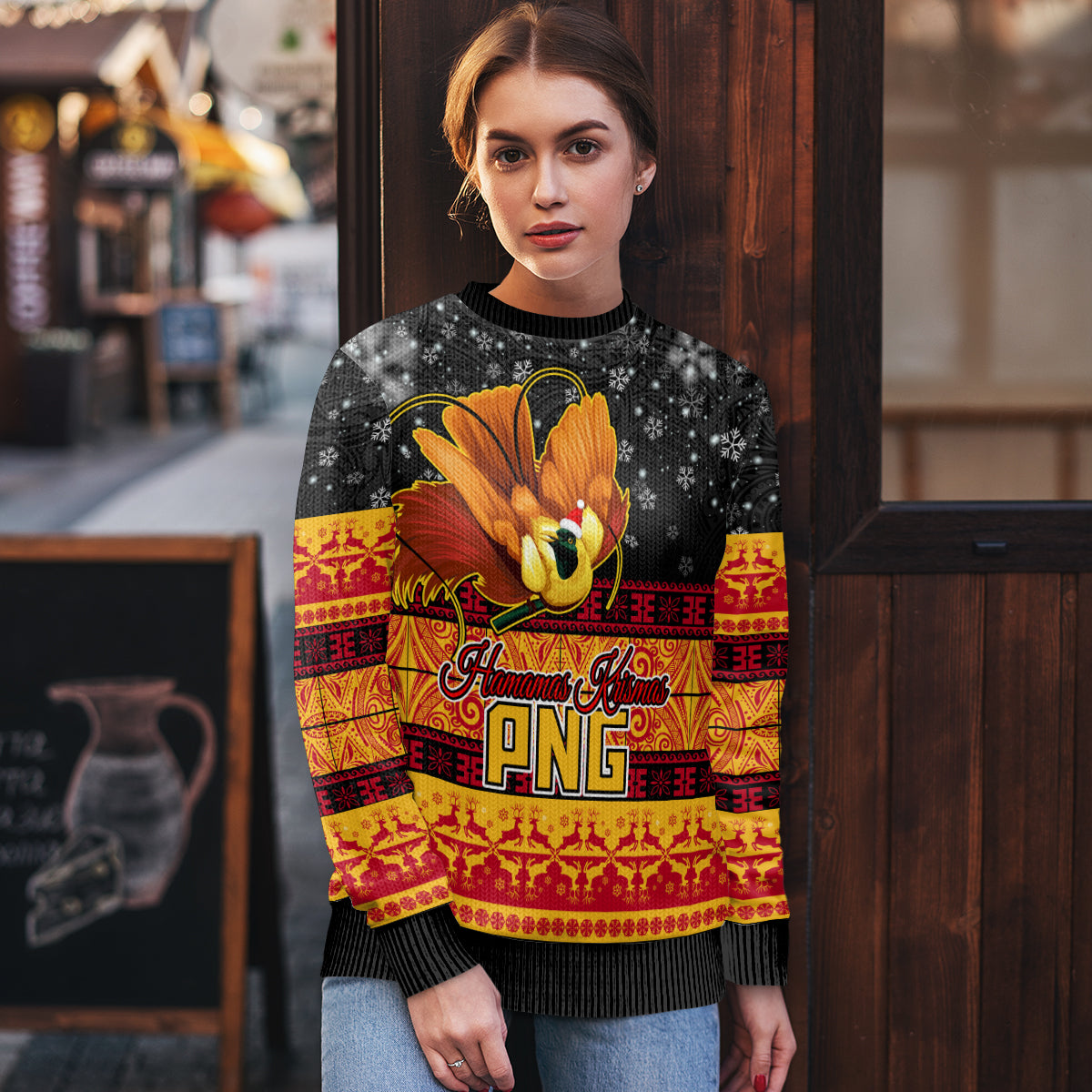 PNG Hamamas Krismas Ugly Christmas Sweater Papua New Guinea Bird Of Paradise Merry Christmas Black Style - Wonder Print Shop