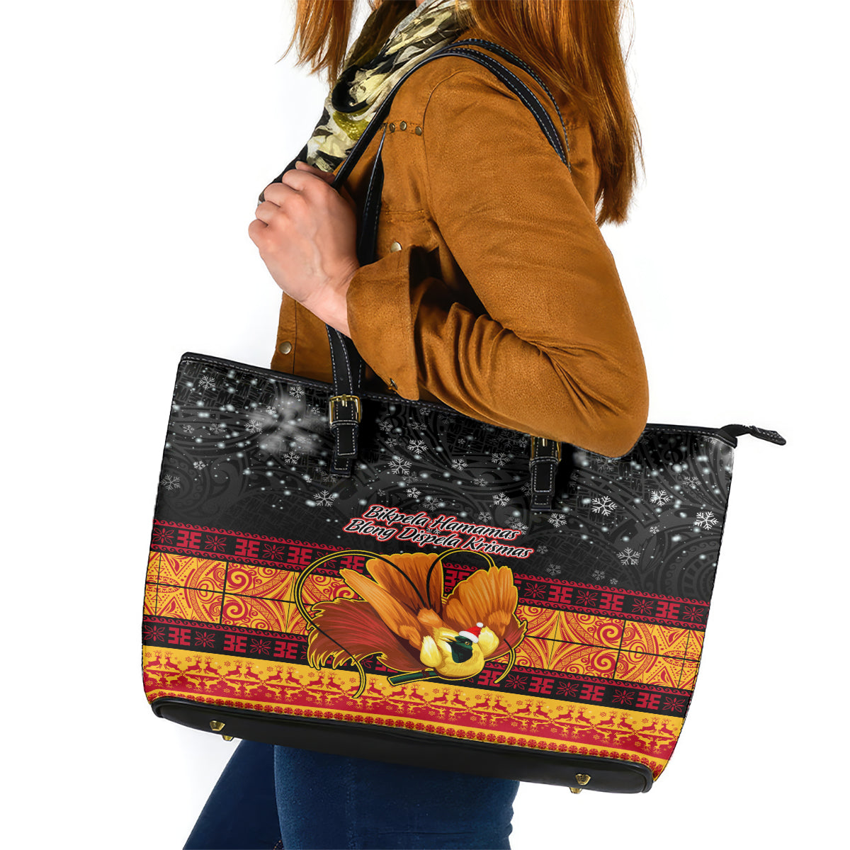 PNG Hamamas Krismas Leather Tote Bag Papua New Guinea Bird Of Paradise Merry Christmas Black Style - Wonder Print Shop