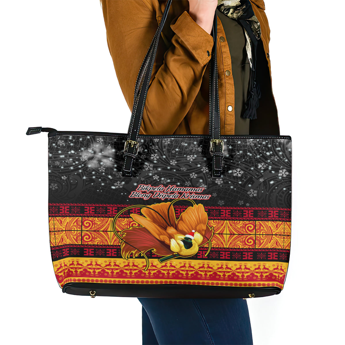 PNG Hamamas Krismas Leather Tote Bag Papua New Guinea Bird Of Paradise Merry Christmas Black Style - Wonder Print Shop