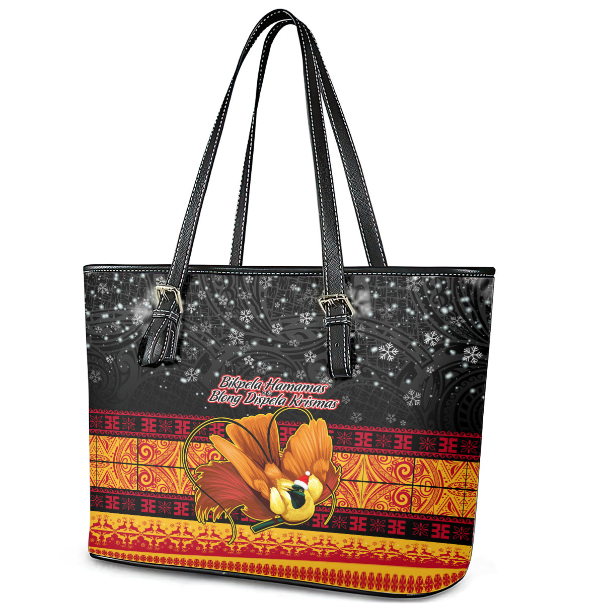 PNG Hamamas Krismas Leather Tote Bag Papua New Guinea Bird Of Paradise Merry Christmas Black Style - Wonder Print Shop