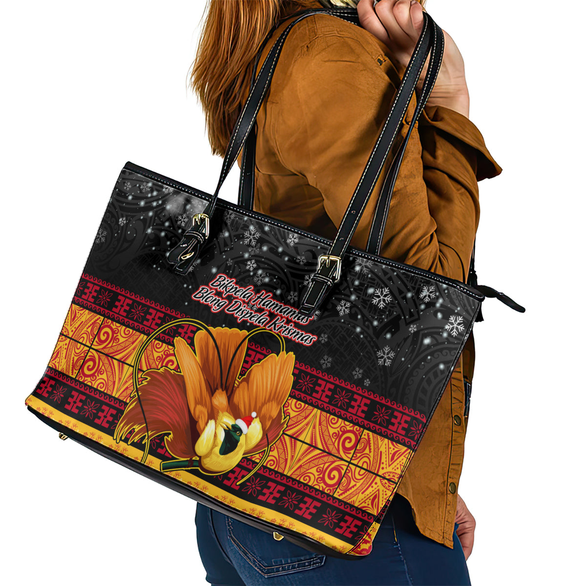PNG Hamamas Krismas Leather Tote Bag Papua New Guinea Bird Of Paradise Merry Christmas Black Style - Wonder Print Shop