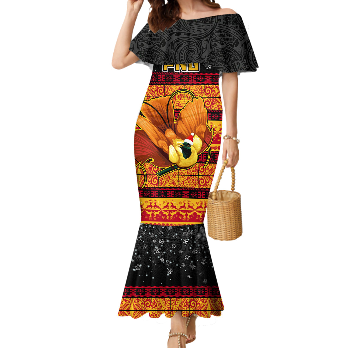 PNG Hamamas Krismas Mermaid Dress Papua New Guinea Bird Of Paradise Merry Christmas Black Style - Wonder Print Shop