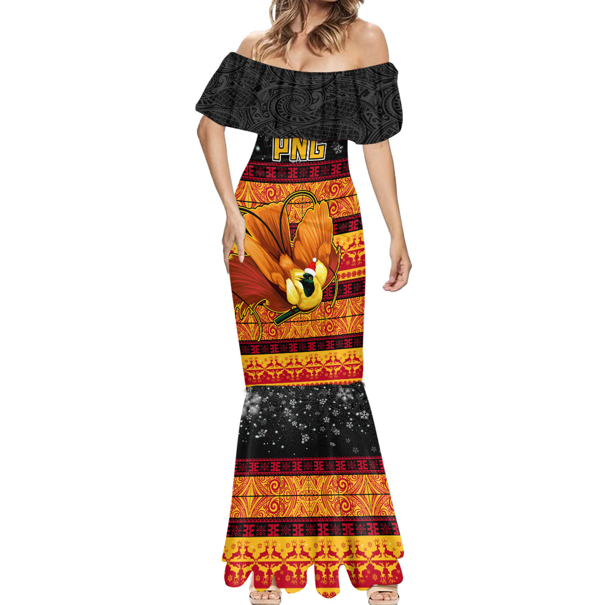 PNG Hamamas Krismas Mermaid Dress Papua New Guinea Bird Of Paradise Merry Christmas Black Style - Wonder Print Shop