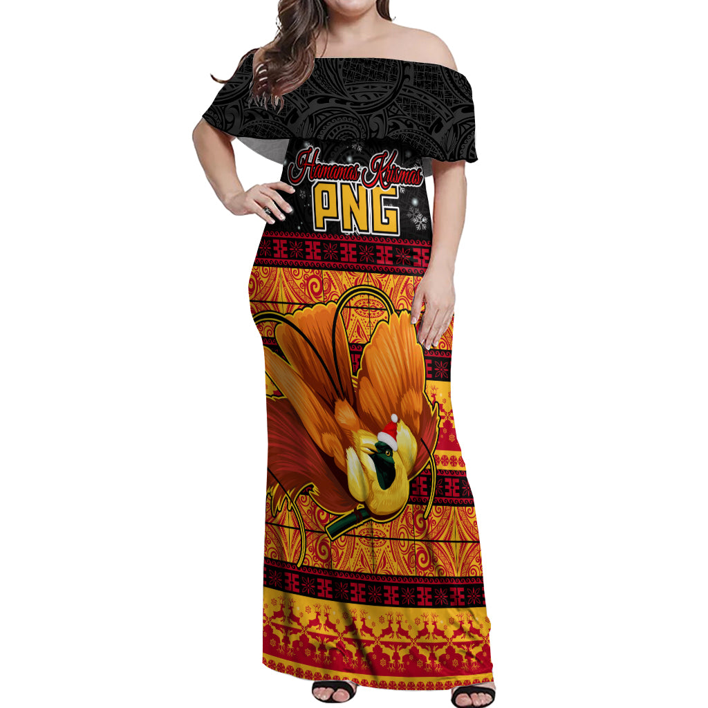 PNG Hamamas Krismas Off Shoulder Maxi Dress Papua New Guinea Bird Of Paradise Merry Christmas Black Style - Wonder Print Shop