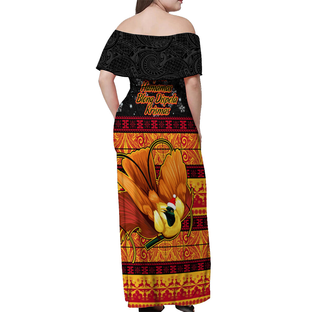 PNG Hamamas Krismas Off Shoulder Maxi Dress Papua New Guinea Bird Of Paradise Merry Christmas Black Style - Wonder Print Shop