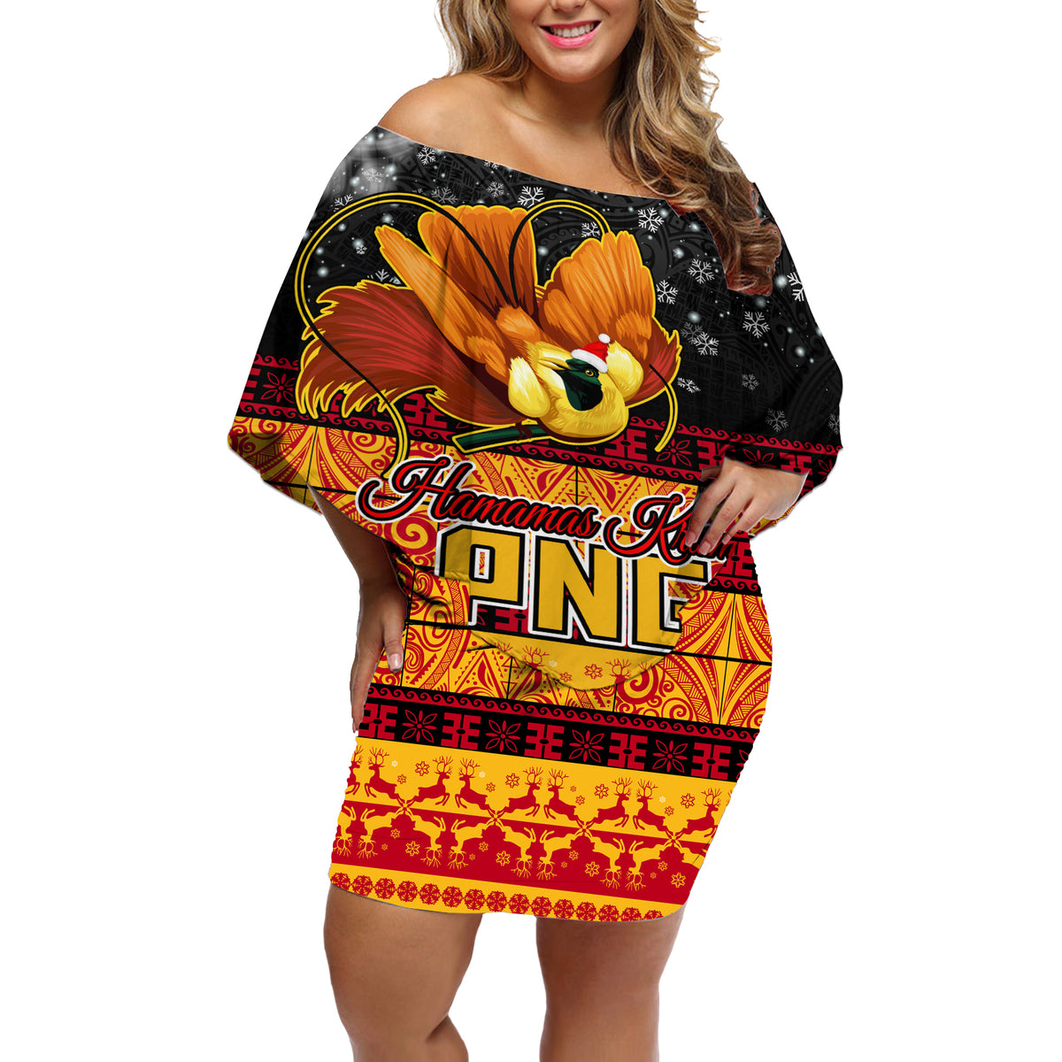 PNG Hamamas Krismas Off Shoulder Short Dress Papua New Guinea Bird Of Paradise Merry Christmas Black Style - Wonder Print Shop